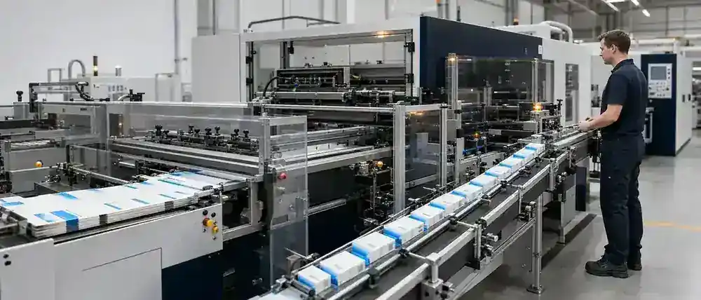Kleben und Faltschachtelproduktion – KI-gestütztes Bildkonzept