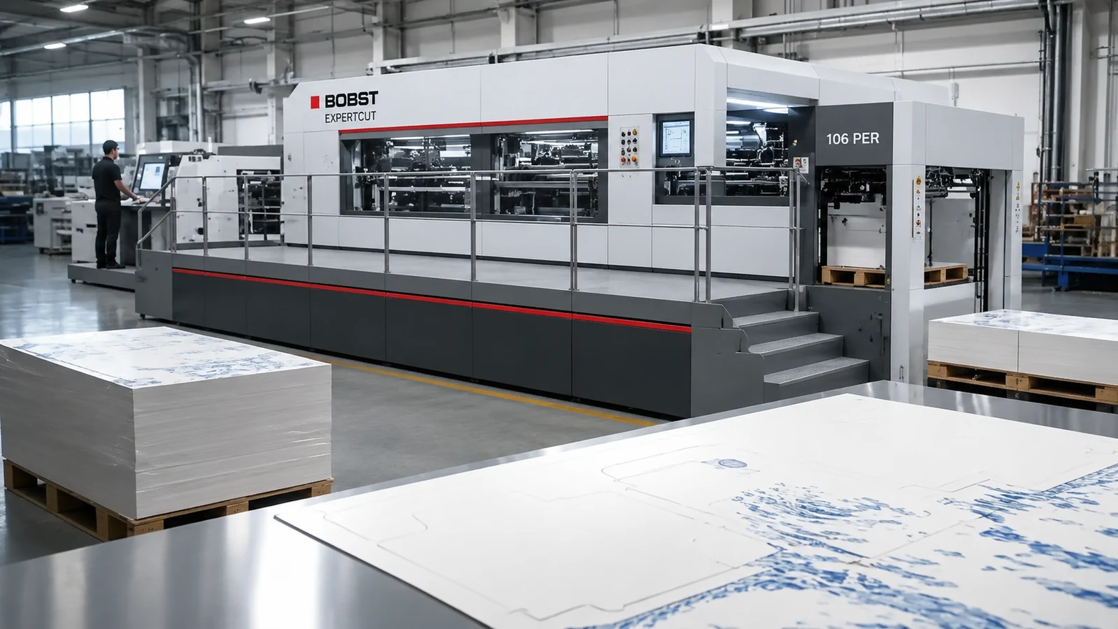 BOBST EXPERTCUT Stanzmaschine in der Weiterverarbeitung – vollständig KI-generierte Darstellung